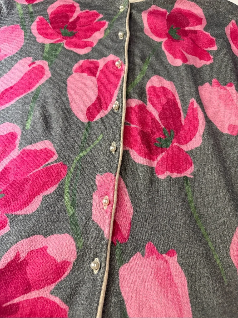 FRANCES VALENTINE Darling Cardigan Dutch Tulip Gray Pink Floral Sweater S - Picture 10 of 14